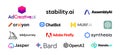 Artificial Intelligence tools logo set. Most popular AI programs logo